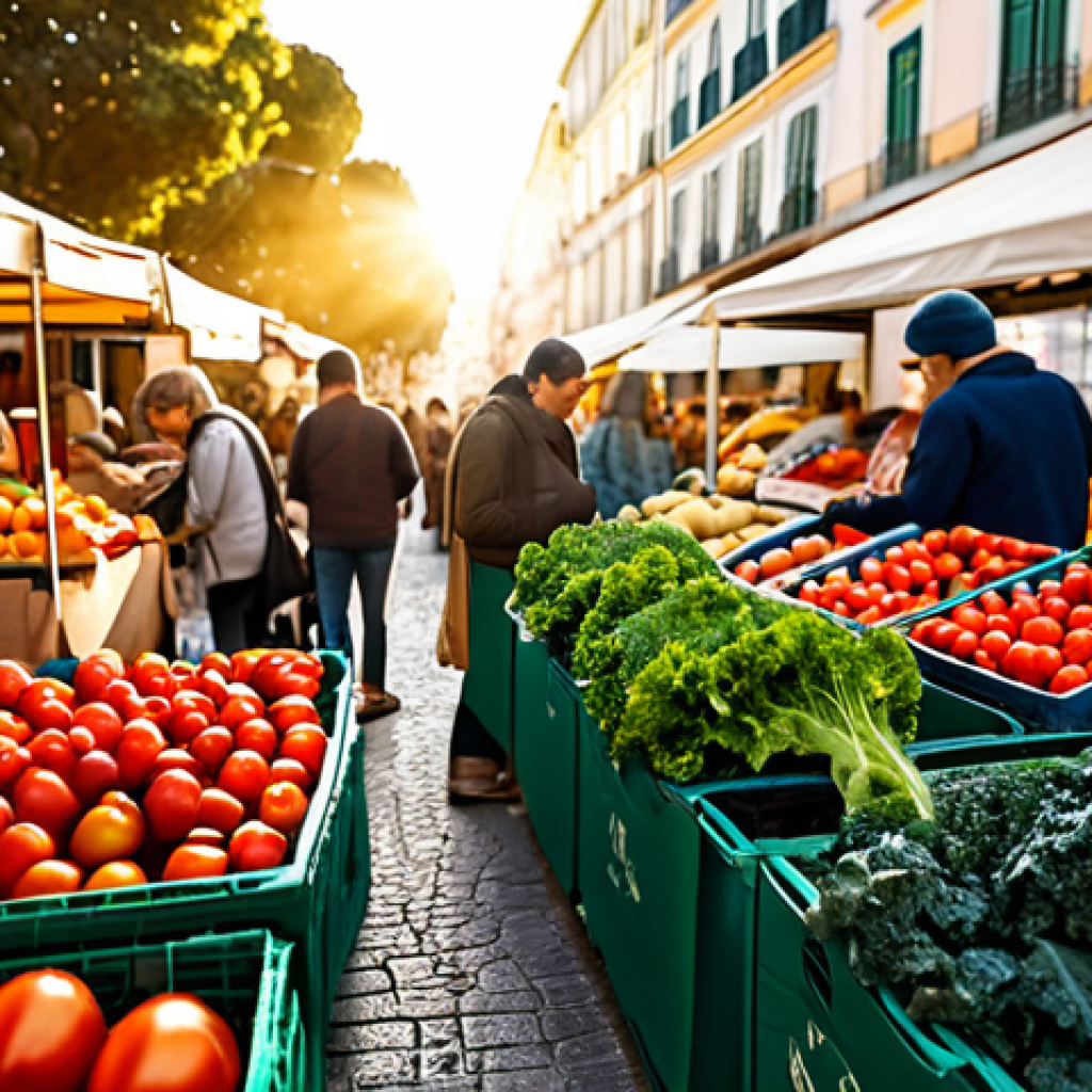 **
"A vibrant organic farmers market scene in Lisbon, Portugal. Focus on colorful produce: ripe tomatoes, dark green kale, and oranges. People are shopping with reusable bags, friendly interactions. Golden hour sunlight, bokeh effect. Professional photography, high resolution, realistic detail, sustainable lifestyle, appropriate content, fully clothed, modest, family-friendly, safe for work, perfect anatomy, natural proportions."
**