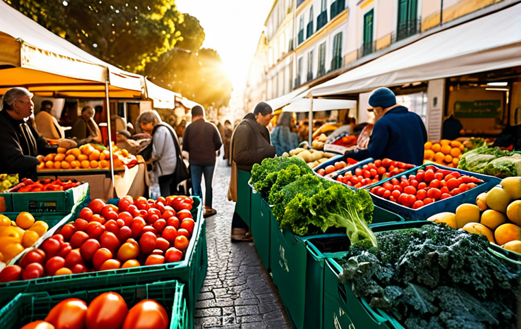 **
"A vibrant organic farmers market scene in Lisbon, Portugal. Focus on colorful produce: ripe tomatoes, dark green kale, and oranges. People are shopping with reusable bags, friendly interactions. Golden hour sunlight, bokeh effect. Professional photography, high resolution, realistic detail, sustainable lifestyle, appropriate content, fully clothed, modest, family-friendly, safe for work, perfect anatomy, natural proportions."
**