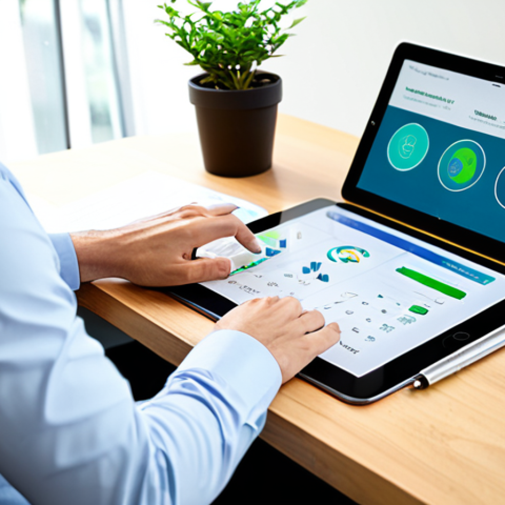 A professional individual in modest business casual attire, seated at a sleek wooden desk in a bright, modern home office. They are focused on a tablet, which displays a clean, intuitive "Eco-Footprint Calculator" app interface with charts and environmental data. A small potted plant adds a touch of green to the background. The scene is well-lit with natural light. fully clothed, appropriate attire, safe for work, perfect anatomy, correct proportions, natural pose, well-formed hands, proper finger count, natural body proportions, professional photography, high quality.