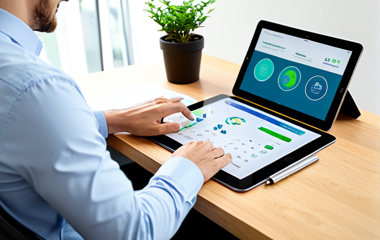 A professional individual in modest business casual attire, seated at a sleek wooden desk in a bright, modern home office. They are focused on a tablet, which displays a clean, intuitive "Eco-Footprint Calculator" app interface with charts and environmental data. A small potted plant adds a touch of green to the background. The scene is well-lit with natural light. fully clothed, appropriate attire, safe for work, perfect anatomy, correct proportions, natural pose, well-formed hands, proper finger count, natural body proportions, professional photography, high quality.