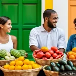 Home 16 지속 가능한 소비를 위한 위험 관리 전략 - A diverse Brazilian urban marketplace scene showcasing sustainable consumption: vibrant street vendo...