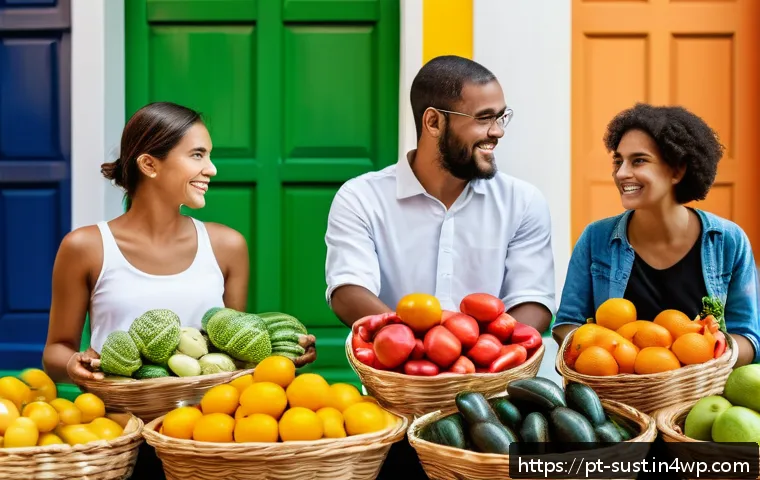 지속 가능한 소비를 위한 위험 관리 전략 - A diverse Brazilian urban marketplace scene showcasing sustainable consumption: vibrant street vendo...