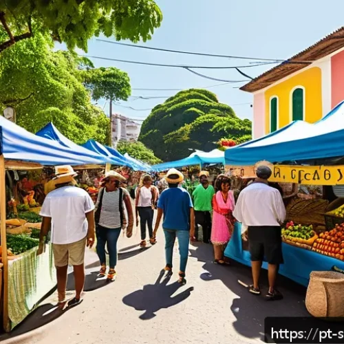 Home 15 지속 가능한 소비를 위한 커뮤니티 지원 프로그램 - A vibrant community market scene in a Brazilian neighborhood, featuring diverse local people exchang...