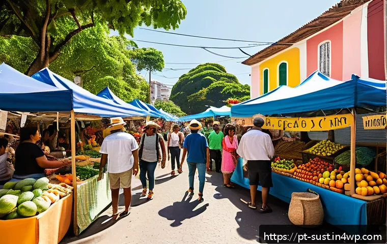 지속 가능한 소비를 위한 커뮤니티 지원 프로그램 - A vibrant community market scene in a Brazilian neighborhood, featuring diverse local people exchang...